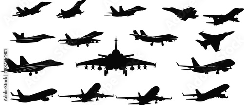 Aircraft silhouette icons, military and commercial planes, vector illustration, black design, minimal layout, aviation symbols, flight shapes