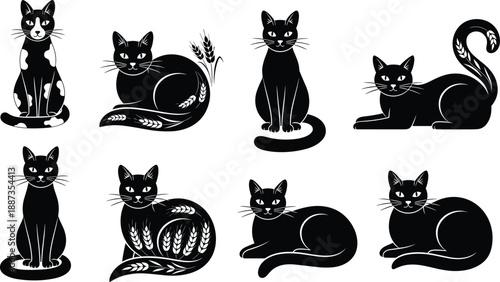 Black cat silhouette set vector illustration cute feline collection decorative wheat elements halloween rustic design isolated graphic icons