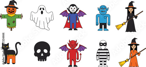 Cute Halloween cartoon character vector set with ghost witch vampire devil cat skull scarecrow monster costume icons collection