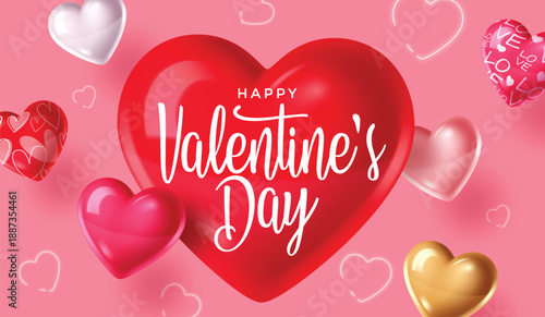 Happy Valentine’s Day Greeting Card with 3D Red Heart – Romantic Pink Background Festive Illustration