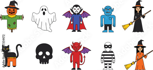 Cute Halloween character vector set with scarecrow ghost vampire monster witch cat skull devil prisoner cartoon spooky icons