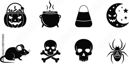 Halloween silhouette icon set with pumpkin bucket cauldron candy corn moon skull rat spider spooky vector symbols