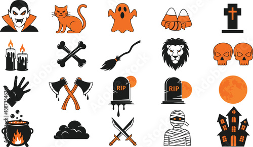 Halloween spooky vector icon collection featuring vampire ghost cat skull candles bones mummy witch tombstone haunted house symbols set