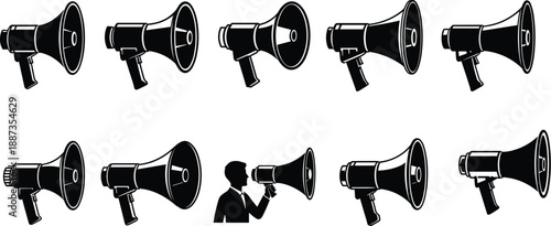 Megaphone icon set, communication symbols, black silhouette vector, minimal layout, speaker illustration, sound amplification, public address design