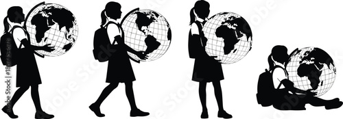 Schoolgirl globe silhouettes, education burden icons, vector illustration, black design, minimal layout, student journey, global awareness symbol