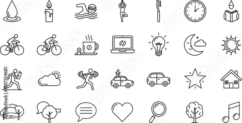 Line of various everyday and activities line black and white minimalistic simple everyday activities