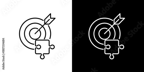 Single icon of business strategy concept of puzzle piece and arrow hitting bullseye target
