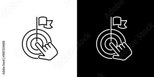 Clicking a target with a flag, representing a goal achieved, click to win concept, digital marketing icon illustration