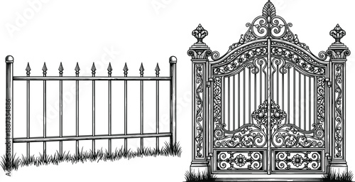 Vintage wrought iron fence and ornate cemetery gate vector illustration gothic metal barrier antique engraving architectural line art