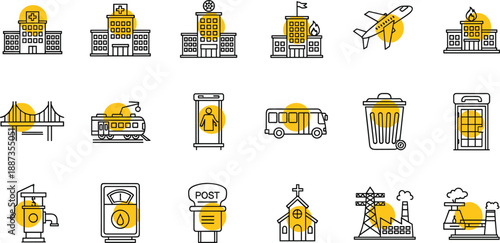 Various city with yellow accents on white background city buildings hospital airplane bridge