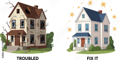 Troubled house with broken windows and damaged roof next to repaired house with shining stars