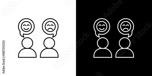Line art icon representing two people in discussion, with speech bubbles showing happy and sad emojis, symbolizing emotional feedback, differing perspectives, and communication