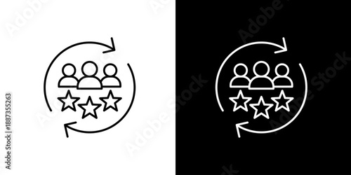 Customer satisfaction and feedback icons representing user reviews and star ratings in a circular motion