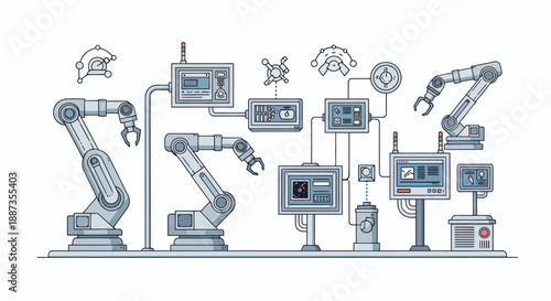 An illustration of an automated industrial assembly line with robotic arms and control panels.