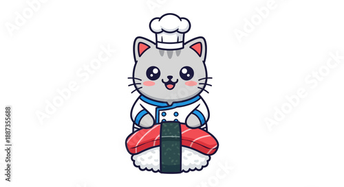 Cute Cat Chef with Sushi Illustration
