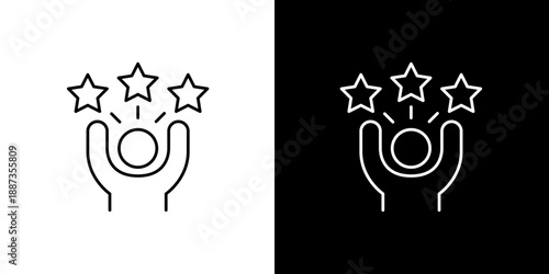 Single icon of a person with a stylized hand reaching upwards towards three stars, representing success, achievement, or high rating
