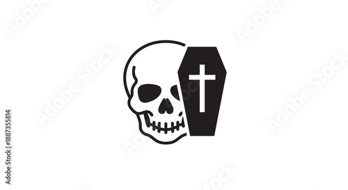 A stark graphic icon depicting mortality, featuring a human skull beside a coffin with a cross, symbolizing profound themes of death, farewell, and the afterlife