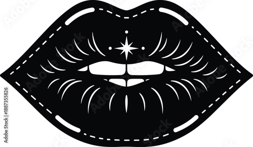 Black lips silhouette with star highlight gothic glam makeup vector illustration bold beauty icon logo isolated design
