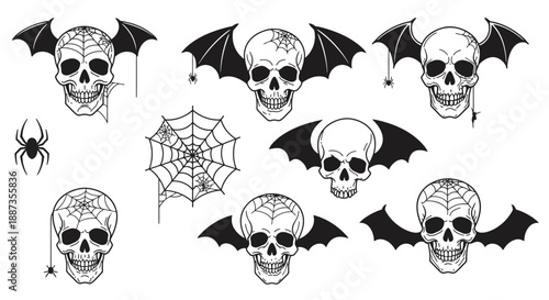 Collection of Gothic and Halloween-themed skulls with bat wings and spiderweb elements