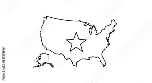 Outline map of the United States of America with a star inside the continental US boundary, representing national identity and patriotism