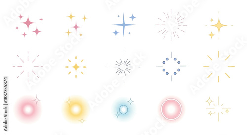Assorted vector illustrations of sparkle, shine, glow, and starburst effects, perfect for adding luminous accents and vibrant flair to graphic designs, digital media, and user interface elements