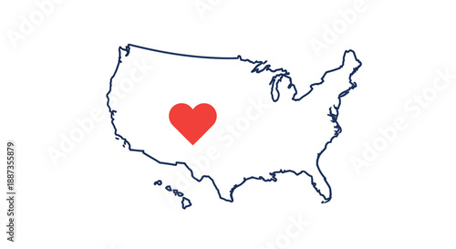 Clean outline illustration of the United States map with a bright red heart centrally placed, conveying national love, patriotic sentiment, or a beloved region