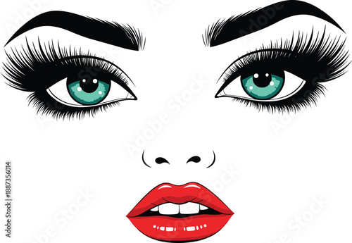 Glamorous female face with teal eyes bold eyelashes eyebrows and glossy red lips beauty makeup vector illustration