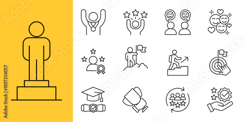Set of Icons Depicting Success, Achievement, and Recognition in Business and Personal Life