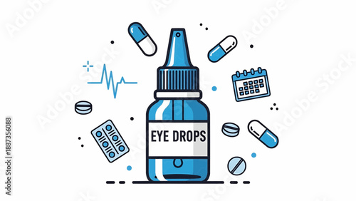 Medical supplies illustration featuring eye drops bottle and various pills surrounding it on a clean background from a straightforward viewpoint