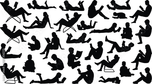 Bundle of diverse people reading books silhouettes in sitting and lying poses, men women and children studying for education icons. (Exactly 20 words)