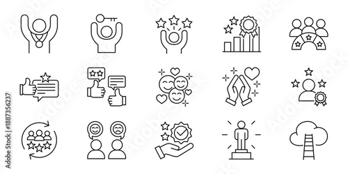 Empowering Business Success and Customer Satisfaction Line Icons Set Featuring Achievement, Quality, Feedback, and Recognition Concepts