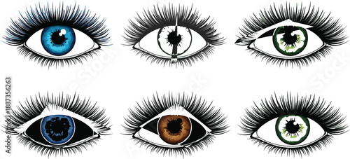 Realistic female eyes set with different iris colors lashes detailed makeup beauty vector illustration collection isolated on white