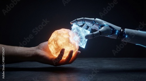Human and robot exchanging glowing orbs symbolizing AI collaboration