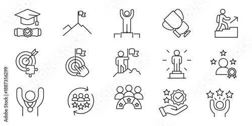 Dynamic Line Art Achievement and Success Icon Set Illustrating Goals, Recognition, Growth, and Milestones in Business and Life