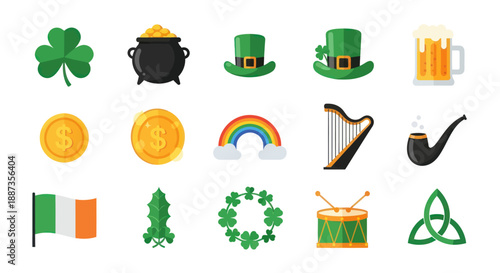 St patricks day icon set shamrock pot of gold hats beer and symbols