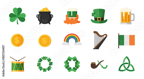 St patricks day festive icons of clover gold beer and symbols