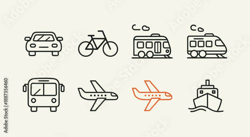 Transportation icons car bicycle train bus airplane and boat symbols