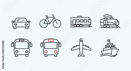 Transportation icons car bicycle train bus airplane and ship illustrations