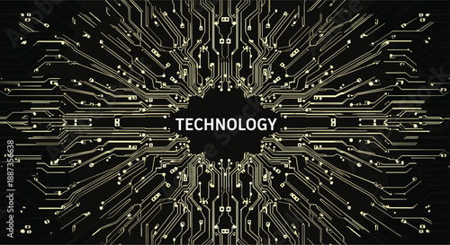 Digital circuit board background with gold lines and technology text for cyber security and data processing