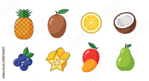 Variety of fresh fruits pineapple kiwi lemon coconut berries