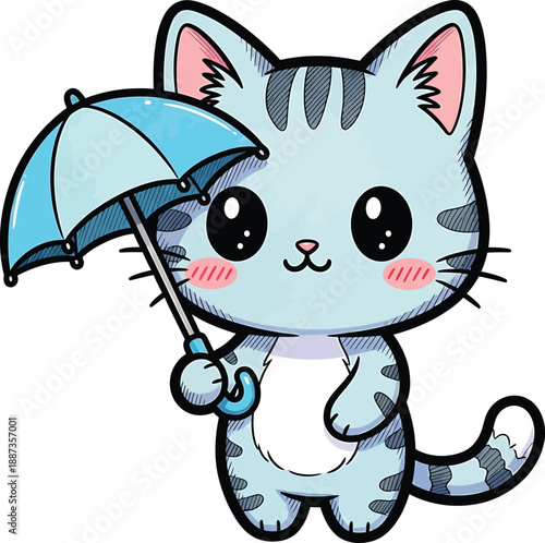 Cute cartoon cat holding an umbrella, adorable illustration suitable for children's books, decorations, or designs.
