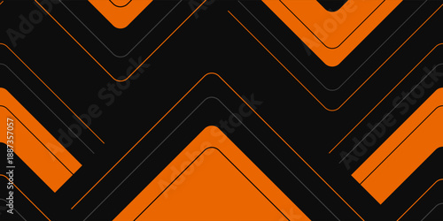 Black abstract wide horizontal banner with orange and gray lines, arrows and angles on black dark background. Wallpaper desktop with digital concept. Modern design vector illustration. eps10