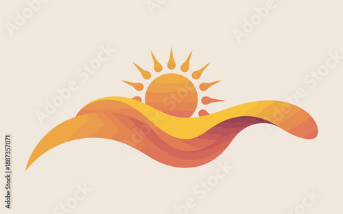 Stylized Sun Rising Over Abstract Orange and Yellow Waves