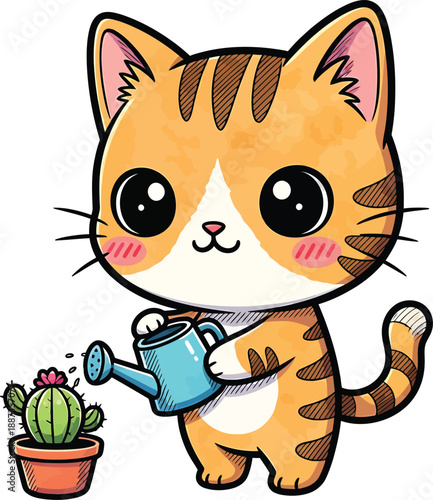 Cute cartoon cat watering a cactus plant in a small flower pot, colorful illustration