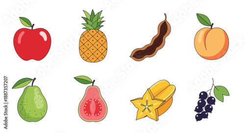 Various colorful illustrations of fruits isolated on a white background