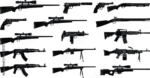 Collection of Tactical Firearm Silhouettes Including Sniper Rifles, Assault Weapons, Handguns, Machine Guns, and Shotguns for Military and Gaming Design Projects.