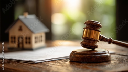 Court setting with gavel and model house symbolizing real estate legal matters and property disputes