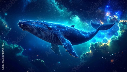 Luminous Celestial Whale Gliding Through a Starry Turquoise Nebula