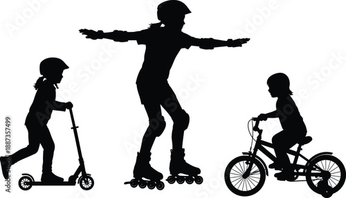 Silhouette Vector Set of Kids Riding a Scooter Rollerblades and Bicycle Representing Active Childhood Outdoor Play Summer Sports Healthy Lifestyle and Fun