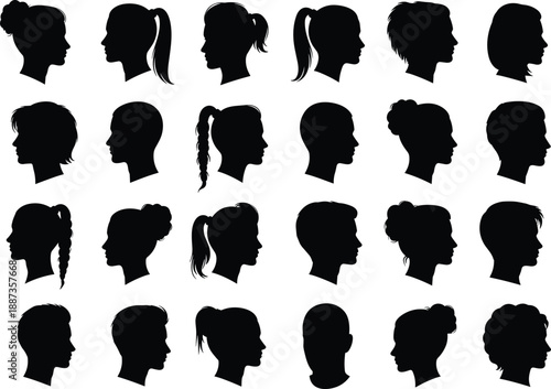 Collection of Profile Silhouette Heads Featuring Various Male and Female Hairstyles, Ponytails, Buns, and Short Haircuts Isolated on White Background